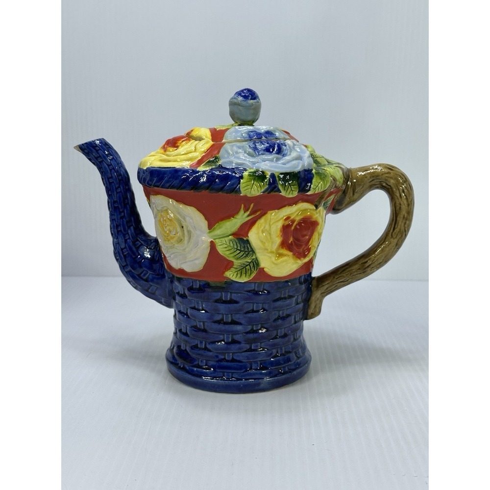 Vintage Japan Majolica Blue Basket Weave Roses Floral Teapot 1930s Chip On Spout